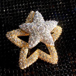 Barbara Mandrel Gold and SilverTone and Rhinestone Double Star  Brooch - Signed